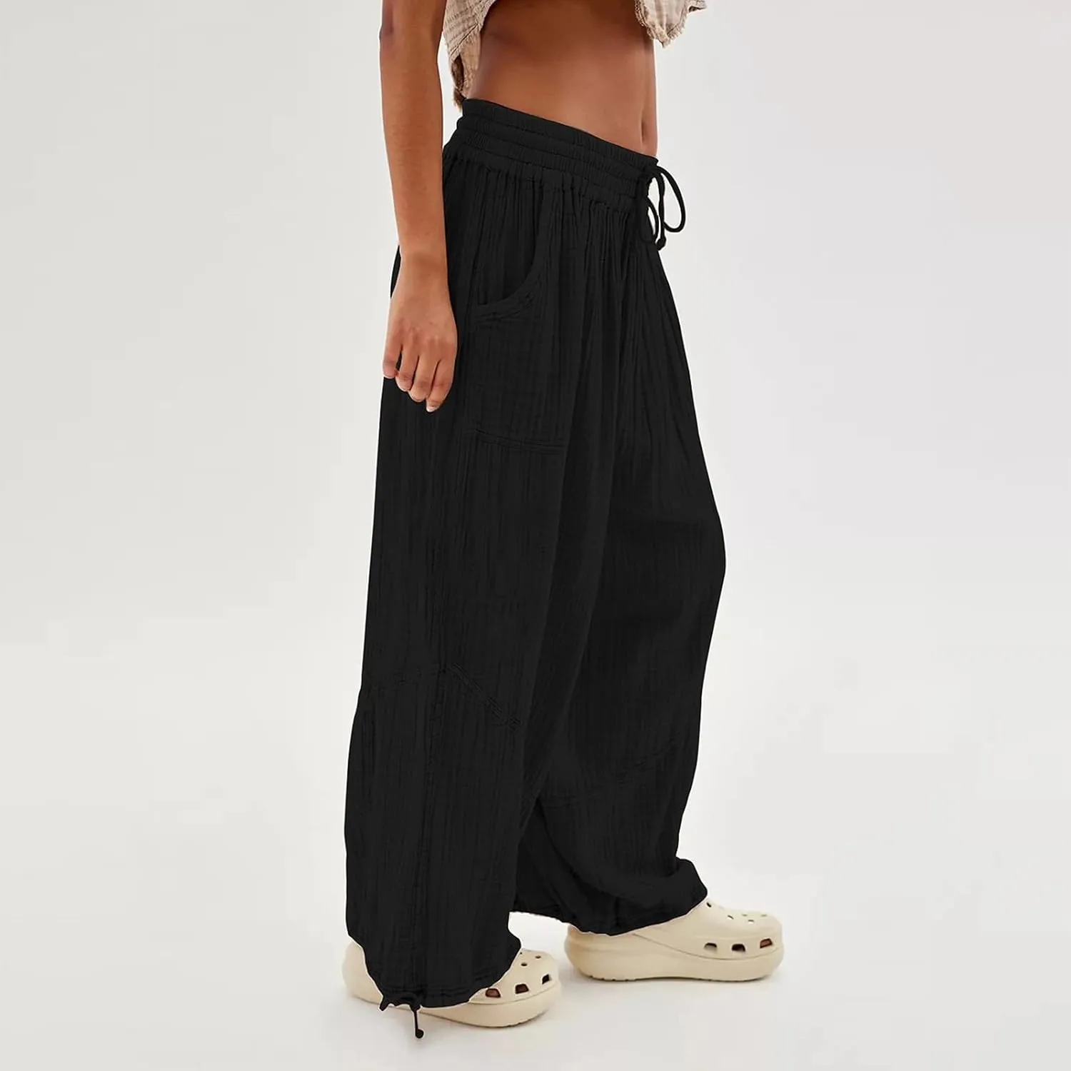 Miyaomn Casual Baggy Pants for Women Elastic Waistband Wide Leg Adjustable Bottom Joggers Pocket Hippie Yoga Lantern Trousers