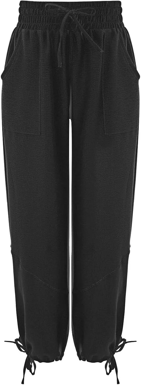 Miyaomn Casual Baggy Pants for Women Elastic Waistband Wide Leg Adjustable Bottom Joggers Pocket Hippie Yoga Lantern Trousers