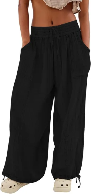 Miyaomn Casual Baggy Pants for Women Elastic Waistband Wide Leg Adjustable Bottom Joggers Pocket Hippie Yoga Lantern Trousers