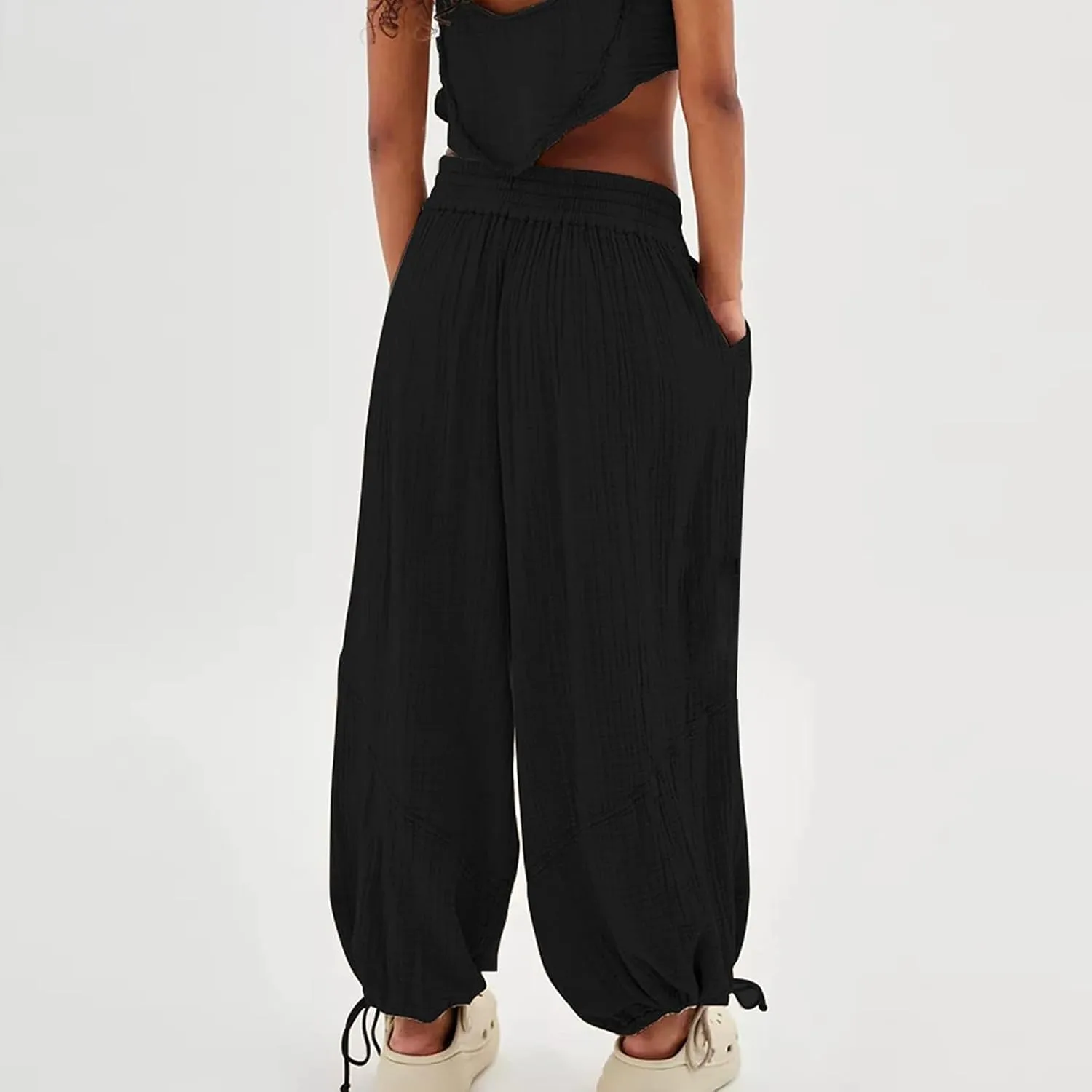 Miyaomn Casual Baggy Pants for Women Elastic Waistband Wide Leg Adjustable Bottom Joggers Pocket Hippie Yoga Lantern Trousers