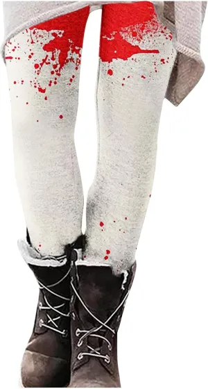 Miyaomn Novelty Blood Splatter Leggings for Women Print Bloody Stretch High Waisted Yoga Pants Bloodstained Halloween Costume