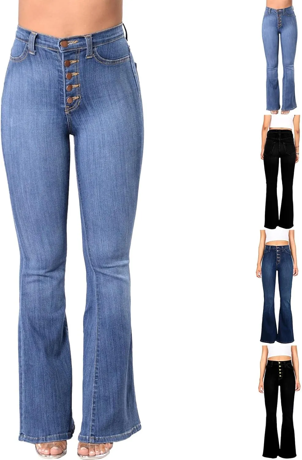 Miyaomn Women's Button-Fly Flared Jeans Skinny Stretch High Waisted Curvy Butt Lifting Denim Pants Fashion Bell Bottom Jeans