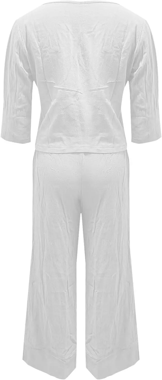 Miyaomn Women's Cotton Linen Tracksuits Casual 3/4 Sleeve Crew Neck Top and Wide Leg Pants Lounge Sets 2 Piece Travel Outfits