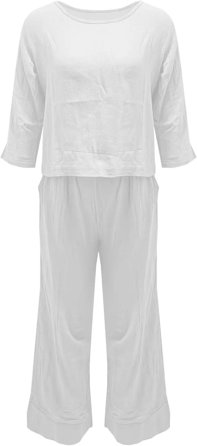 Miyaomn Women's Cotton Linen Tracksuits Casual 3/4 Sleeve Crew Neck Top and Wide Leg Pants Lounge Sets 2 Piece Travel Outfits