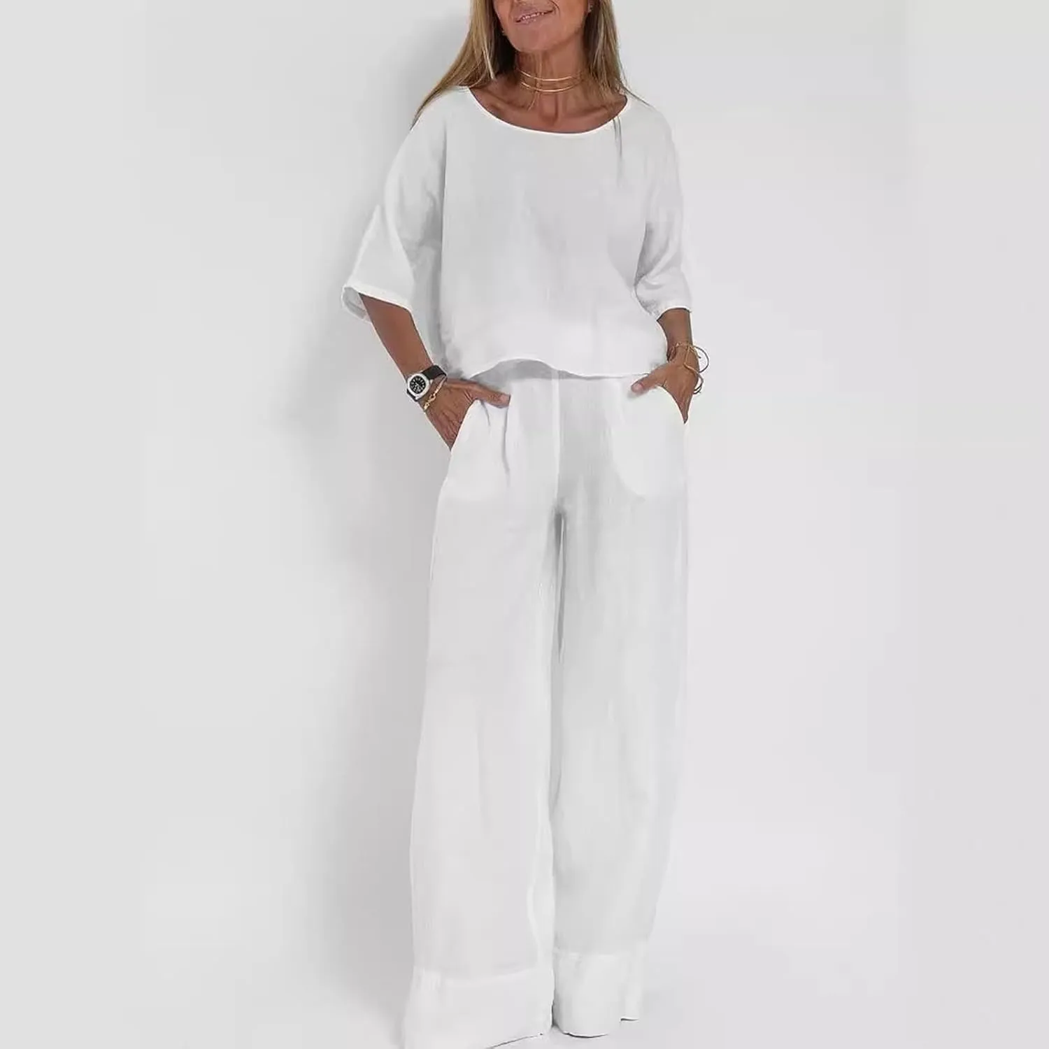Miyaomn Women's Cotton Linen Tracksuits Casual 3/4 Sleeve Crew Neck Top and Wide Leg Pants Lounge Sets 2 Piece Travel Outfits