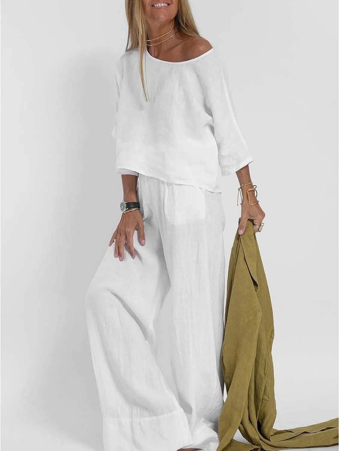 Miyaomn Women's Cotton Linen Tracksuits Casual 3/4 Sleeve Crew Neck Top and Wide Leg Pants Lounge Sets 2 Piece Travel Outfits