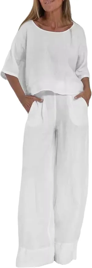 Miyaomn Women's Cotton Linen Tracksuits Casual 3/4 Sleeve Crew Neck Top and Wide Leg Pants Lounge Sets 2 Piece Travel Outfits