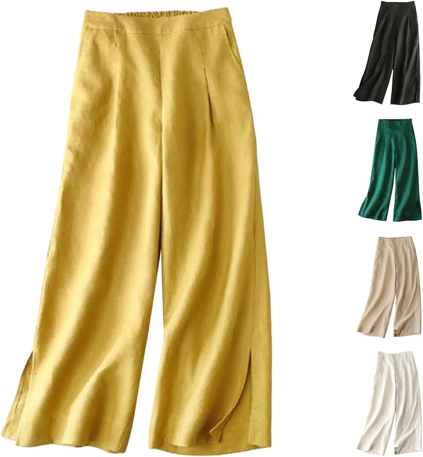 Miyaomn Women's Culottes Linen Capri Pants Casual Wide Leg Elastic Waist Dressy Flowy Cropped Palazzo Trousers with Pockets