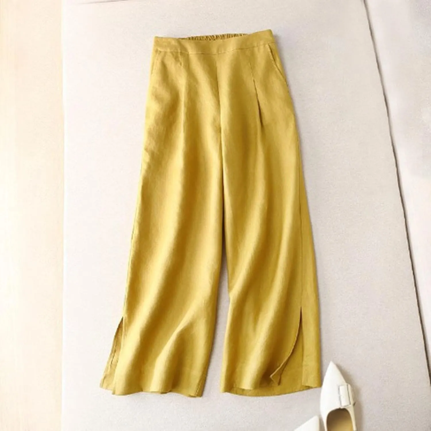 Miyaomn Women's Culottes Linen Capri Pants Casual Wide Leg Elastic Waist Dressy Flowy Cropped Palazzo Trousers with Pockets