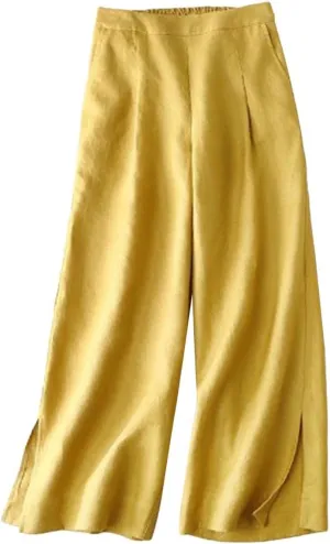 Miyaomn Women's Culottes Linen Capri Pants Casual Wide Leg Elastic Waist Dressy Flowy Cropped Palazzo Trousers with Pockets