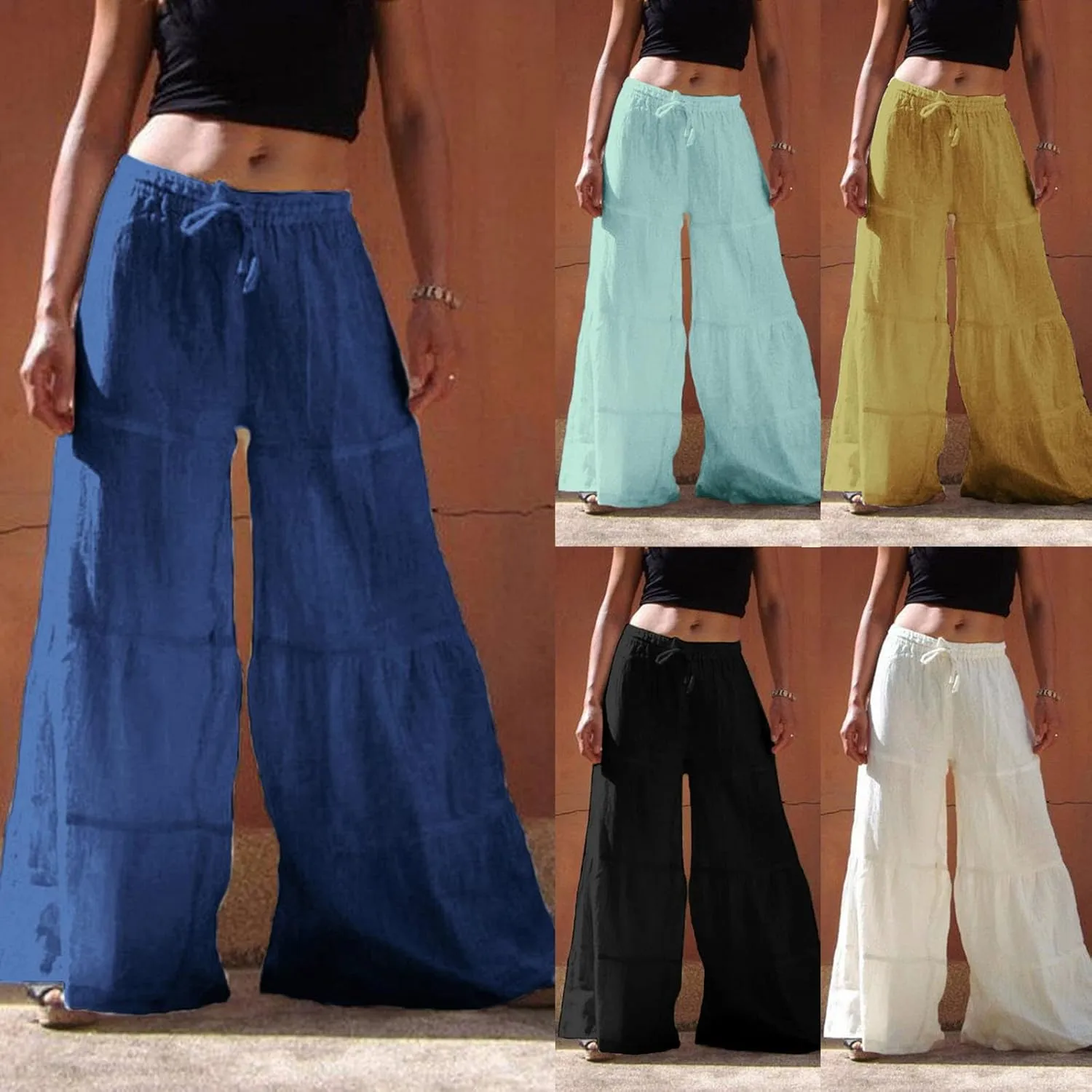 Miyaomn Women's Linen Wide Leg Palazzo Pants Casual Baggy Drawstring Waisted Tiered Ruffle Bell Bottom Lounge Flowy Trousers
