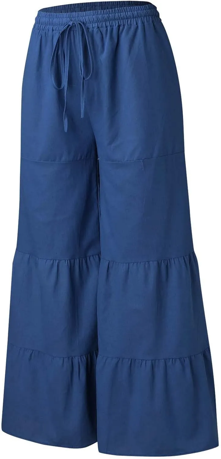 Miyaomn Women's Linen Wide Leg Palazzo Pants Casual Baggy Drawstring Waisted Tiered Ruffle Bell Bottom Lounge Flowy Trousers