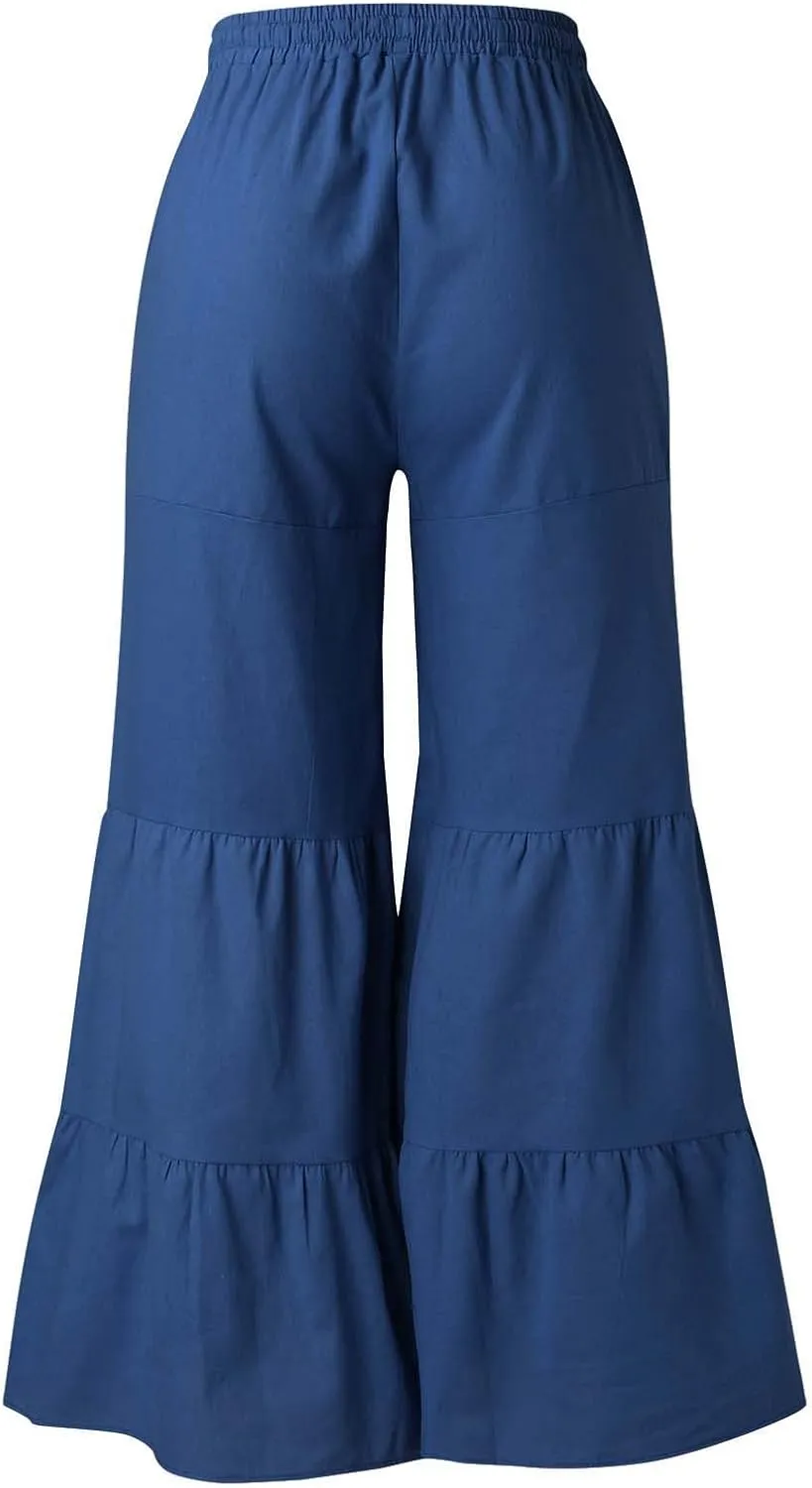 Miyaomn Women's Linen Wide Leg Palazzo Pants Casual Baggy Drawstring Waisted Tiered Ruffle Bell Bottom Lounge Flowy Trousers