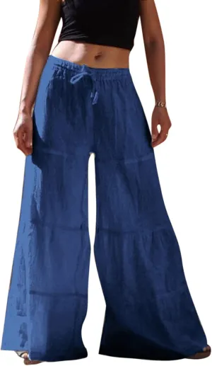 Miyaomn Women's Linen Wide Leg Palazzo Pants Casual Baggy Drawstring Waisted Tiered Ruffle Bell Bottom Lounge Flowy Trousers
