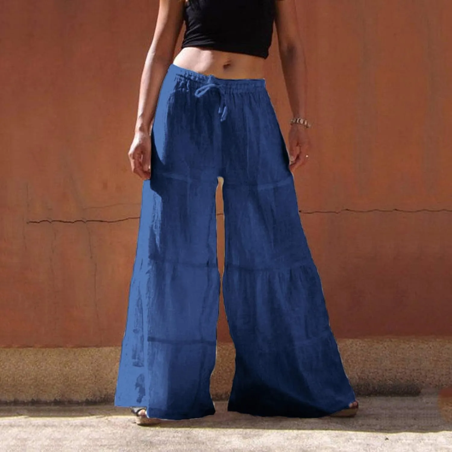 Miyaomn Women's Linen Wide Leg Palazzo Pants Casual Baggy Drawstring Waisted Tiered Ruffle Bell Bottom Lounge Flowy Trousers