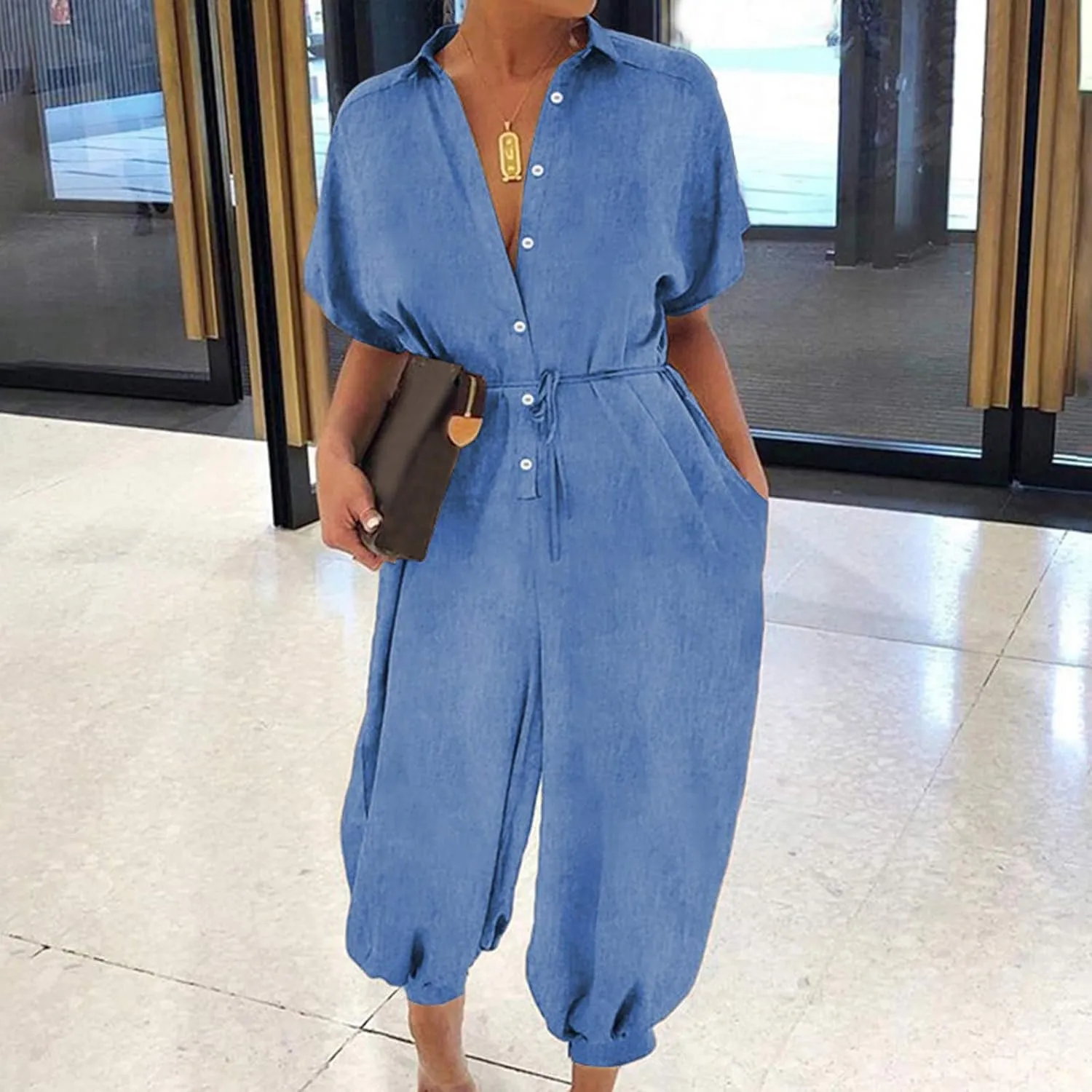 Miyaomn Women's Short Sleeve Loose Denim Jumpsuits Lapel Collar V-Neck Button Down Tied Waist Casual Harem Pants Jean Rompers