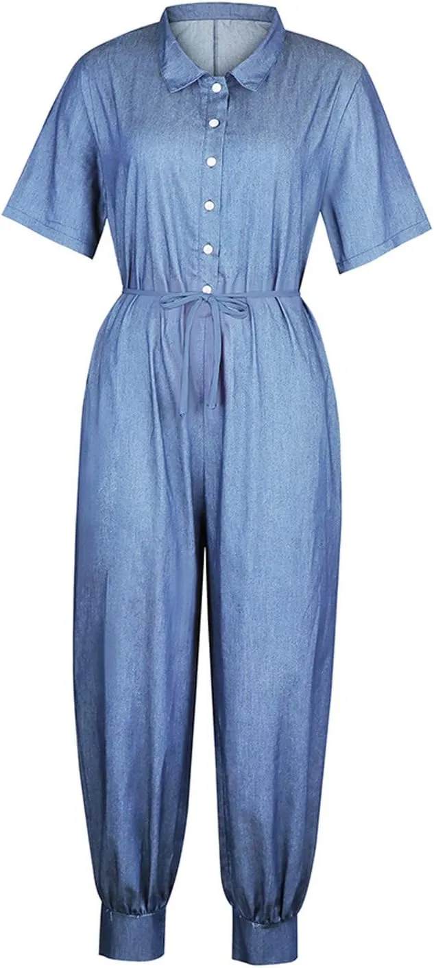 Miyaomn Women's Short Sleeve Loose Denim Jumpsuits Lapel Collar V-Neck Button Down Tied Waist Casual Harem Pants Jean Rompers