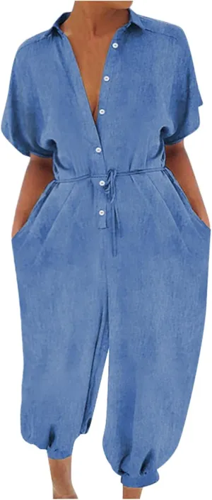 Miyaomn Women's Short Sleeve Loose Denim Jumpsuits Lapel Collar V-Neck Button Down Tied Waist Casual Harem Pants Jean Rompers