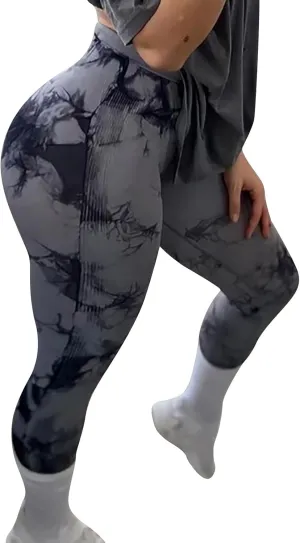 Miyaomn Women's Tie-Dyed High Waist Yoga Pants Scrunch Butt Lifting Tummy Control Tights Workout Booty Ruched Skinny Leggings