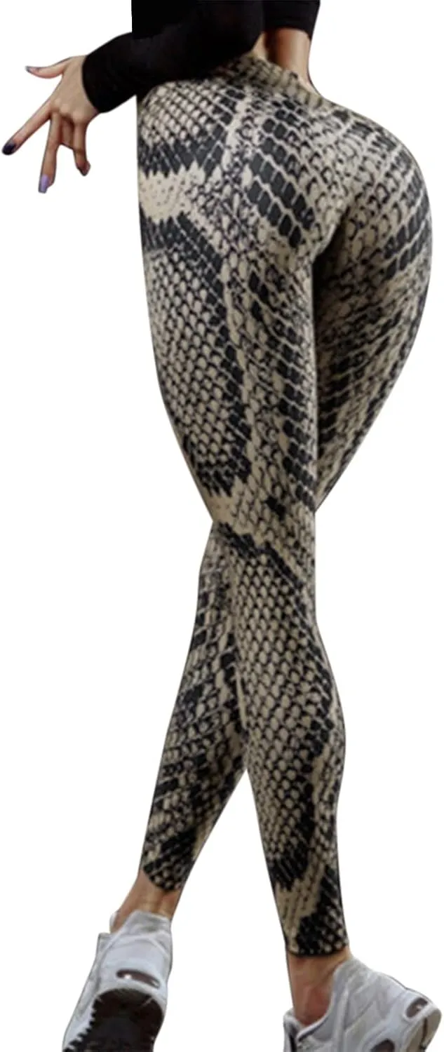 Stylish Snake Print 4 Way Stretch Leggings Women Slim High Waist Gym Sports Tights Ruched Textured Opaque Yoga Pants Khaki