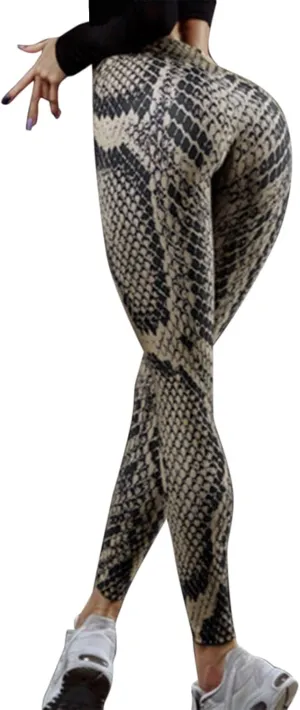 Stylish Snake Print 4 Way Stretch Leggings Women Slim High Waist Gym Sports Tights Ruched Textured Opaque Yoga Pants Khaki