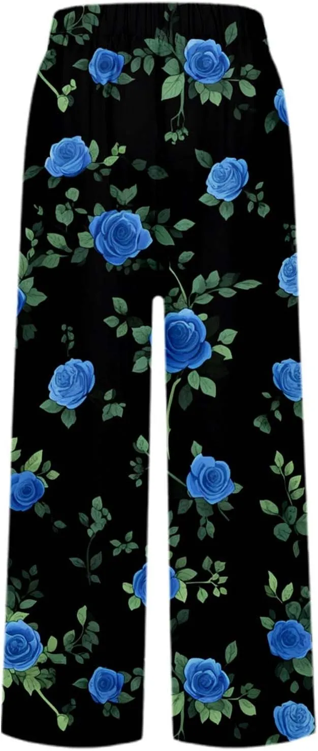 Summer Linen Pants for Women Floral Print Straight Leg Loose Palazzo Boho Pants Elastic Waisted Trousers with Pockets