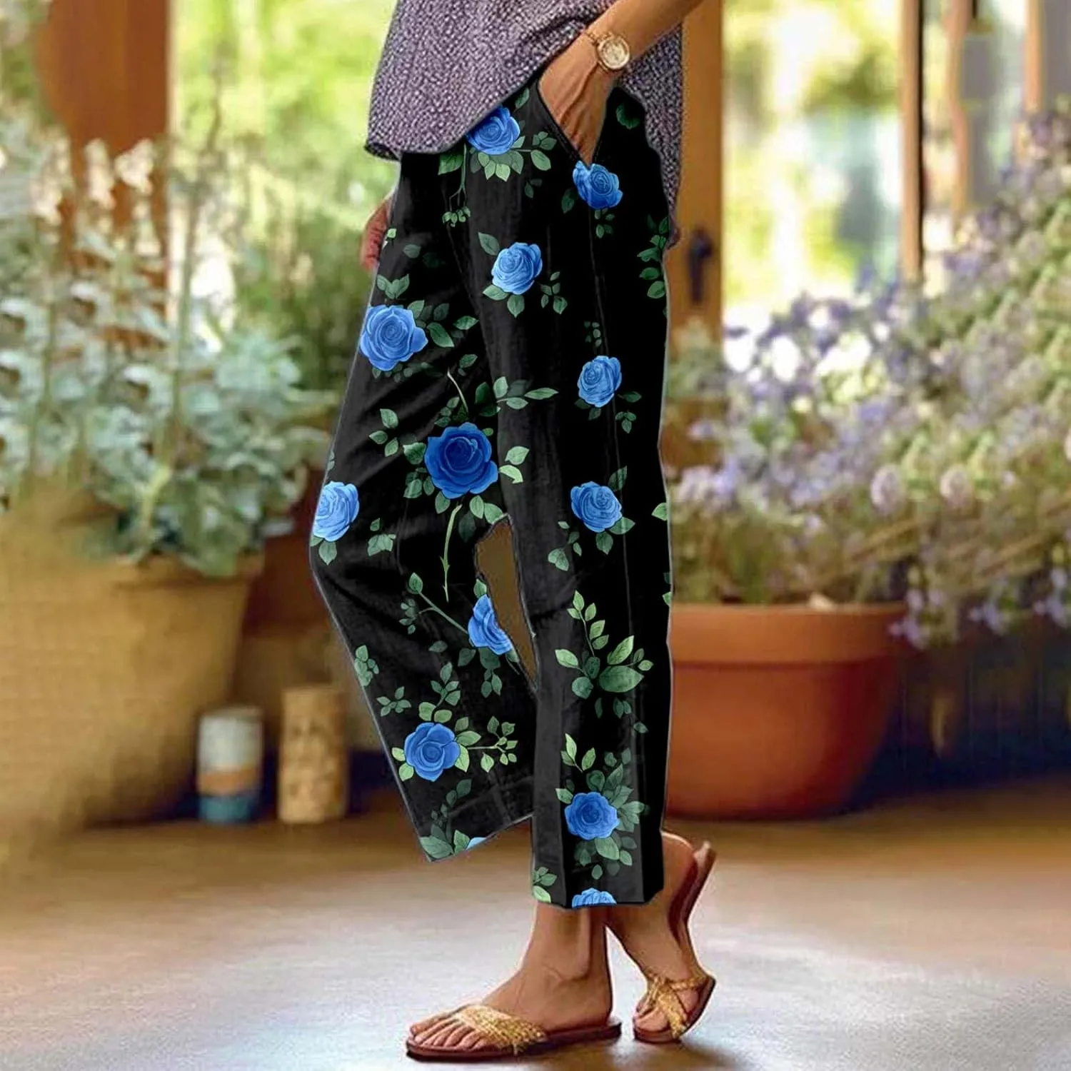 Summer Linen Pants for Women Floral Print Straight Leg Loose Palazzo Boho Pants Elastic Waisted Trousers with Pockets