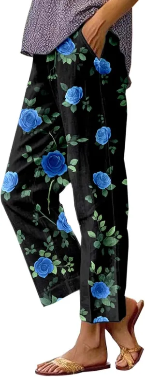 Summer Linen Pants for Women Floral Print Straight Leg Loose Palazzo Boho Pants Elastic Waisted Trousers with Pockets