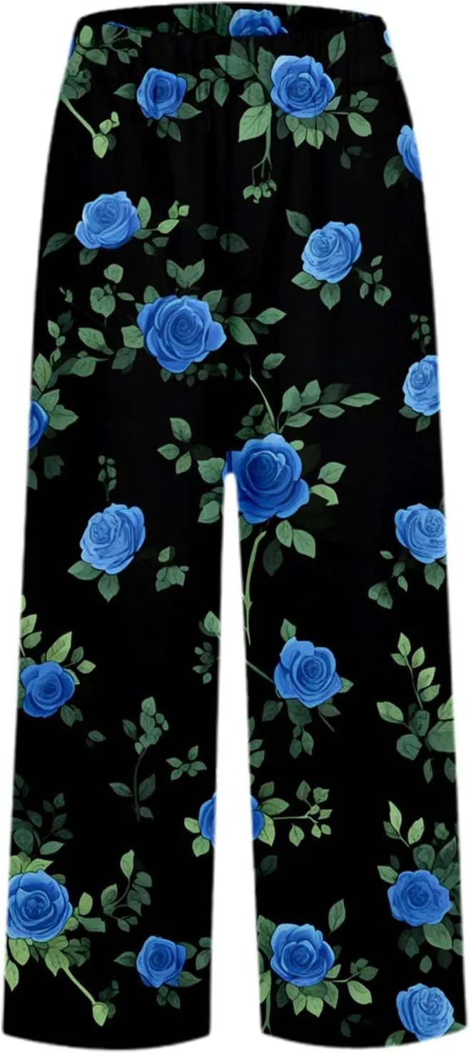Summer Linen Pants for Women Floral Print Straight Leg Loose Palazzo Boho Pants Elastic Waisted Trousers with Pockets
