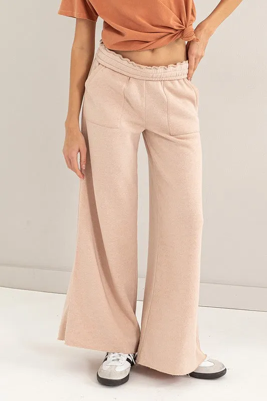 Tan High Rise Wide Leg Drawstring Pants
