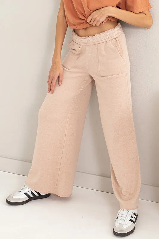 Tan High Rise Wide Leg Drawstring Pants