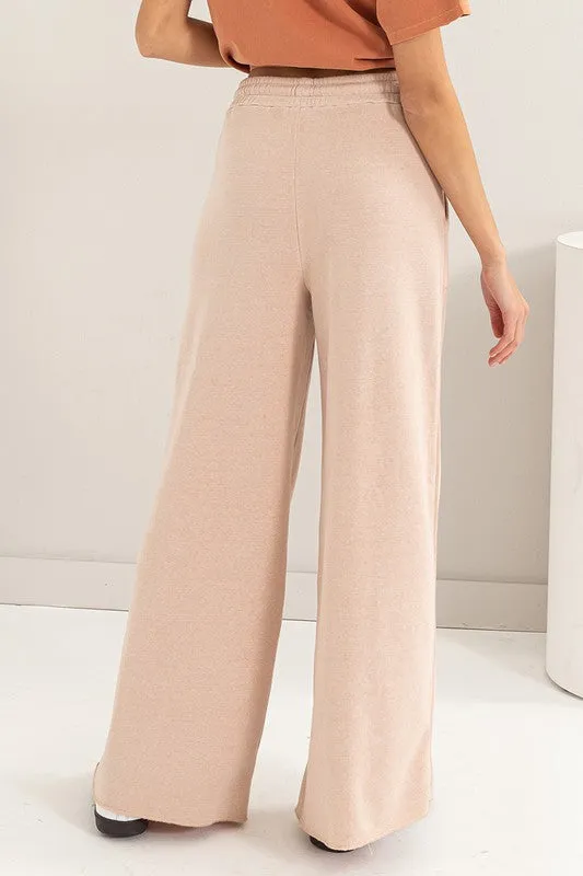 Tan High Rise Wide Leg Drawstring Pants