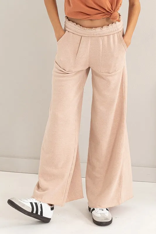 Tan High Rise Wide Leg Drawstring Pants