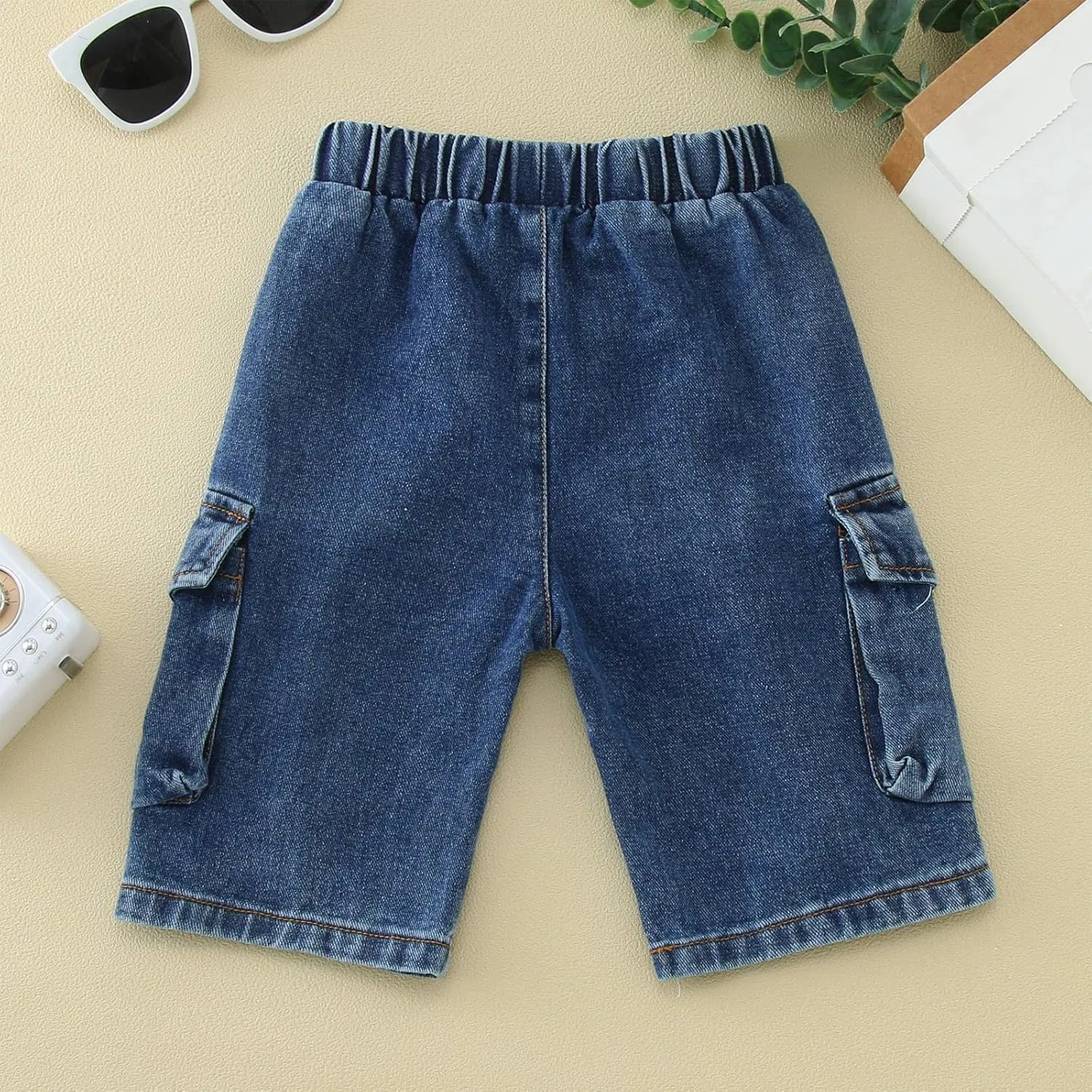 Toddler Baby Boys Pull On Denim Hip Hop Cargo Pants Kids Summer Loose Elastic Waist Cropped Trouser with Pocket