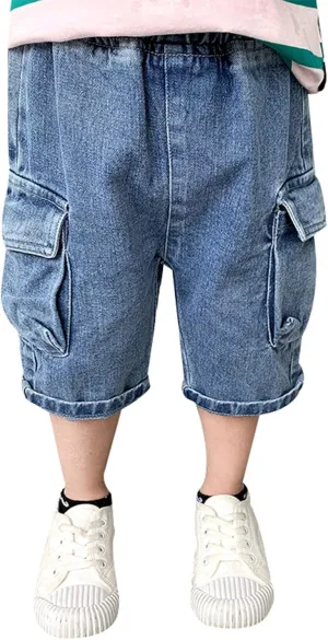 Toddler Baby Boys Pull On Denim Hip Hop Cargo Pants Kids Summer Loose Elastic Waist Cropped Trouser with Pocket