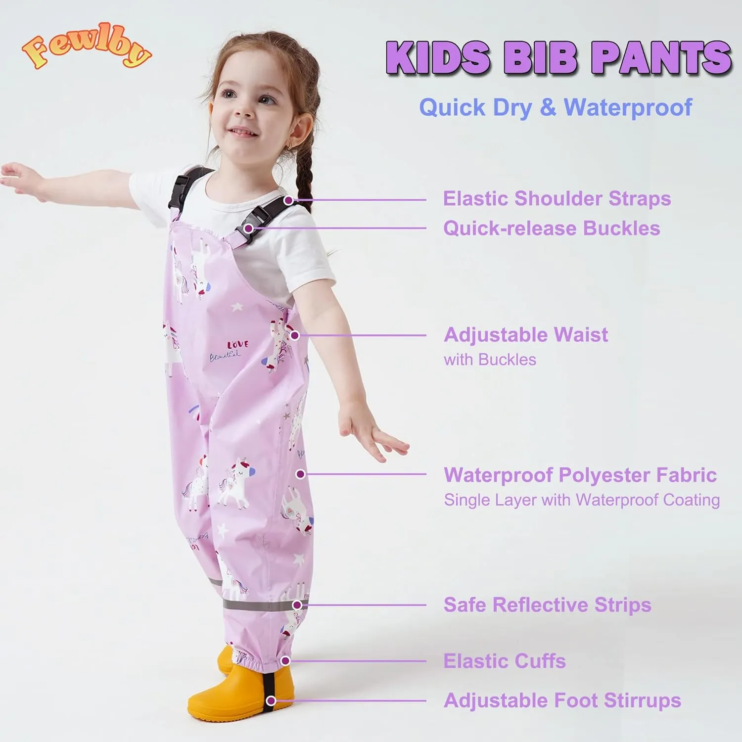 Toddler Waterproof Rain Bib Pants, Girls Rain Pants Kids Cartoon Rain Trousers Lightweight Mud Pants Rainwear