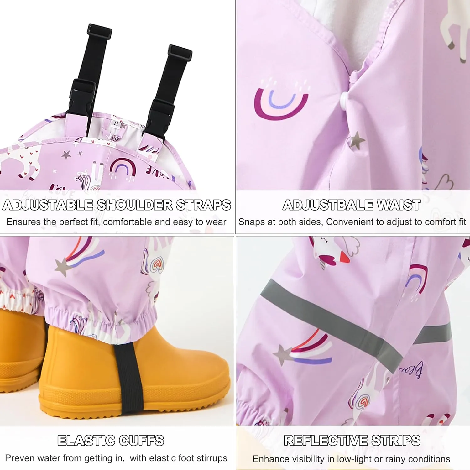 Toddler Waterproof Rain Bib Pants, Girls Rain Pants Kids Cartoon Rain Trousers Lightweight Mud Pants Rainwear