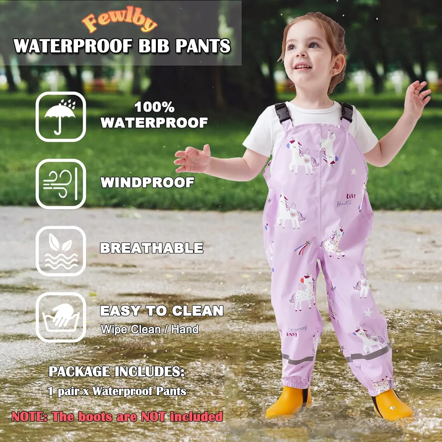 Toddler Waterproof Rain Bib Pants, Girls Rain Pants Kids Cartoon Rain Trousers Lightweight Mud Pants Rainwear