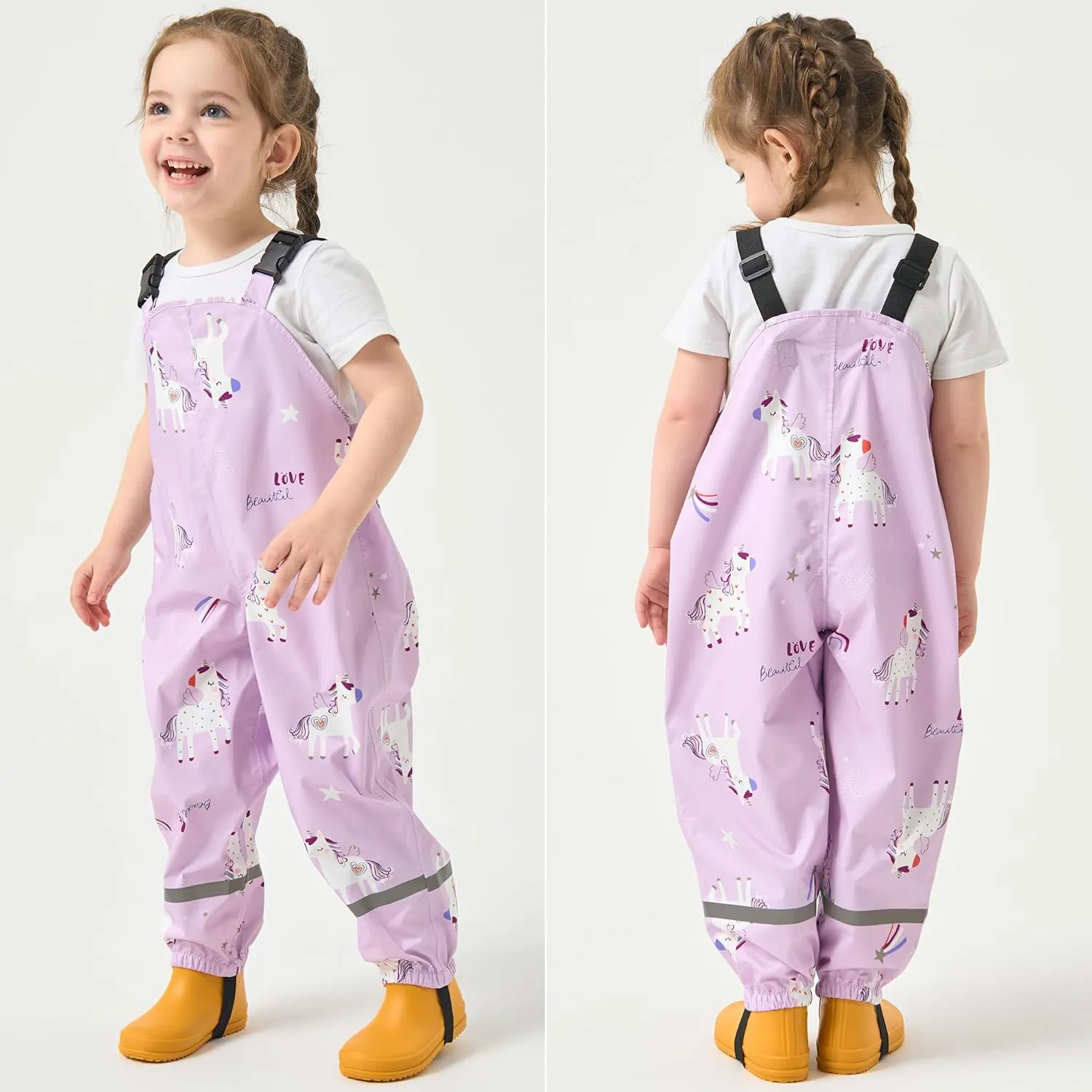 Toddler Waterproof Rain Bib Pants, Girls Rain Pants Kids Cartoon Rain Trousers Lightweight Mud Pants Rainwear