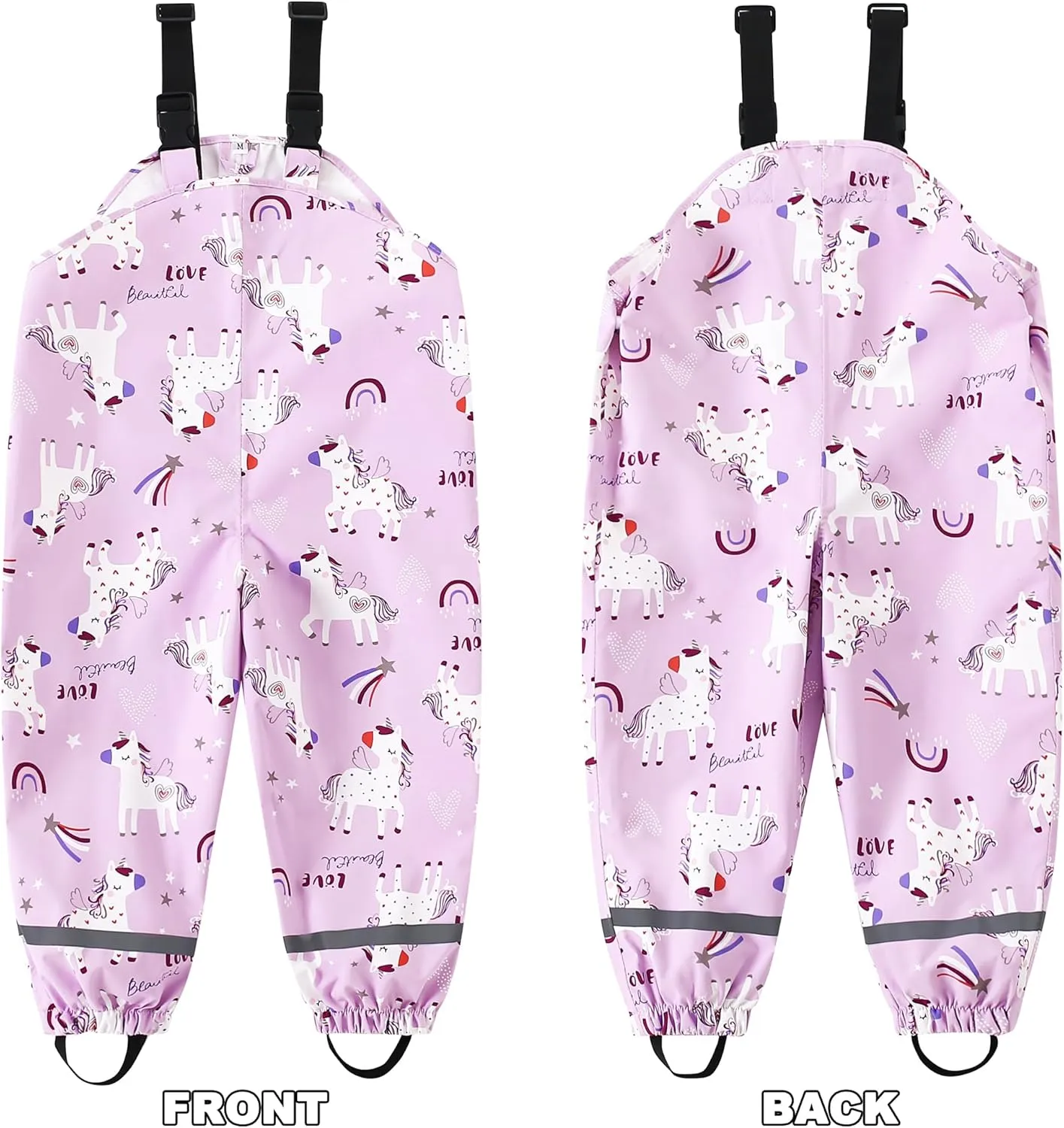 Toddler Waterproof Rain Bib Pants, Girls Rain Pants Kids Cartoon Rain Trousers Lightweight Mud Pants Rainwear