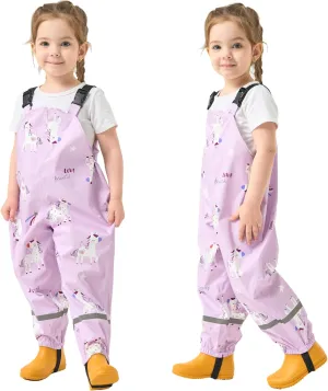 Toddler Waterproof Rain Bib Pants, Girls Rain Pants Kids Cartoon Rain Trousers Lightweight Mud Pants Rainwear