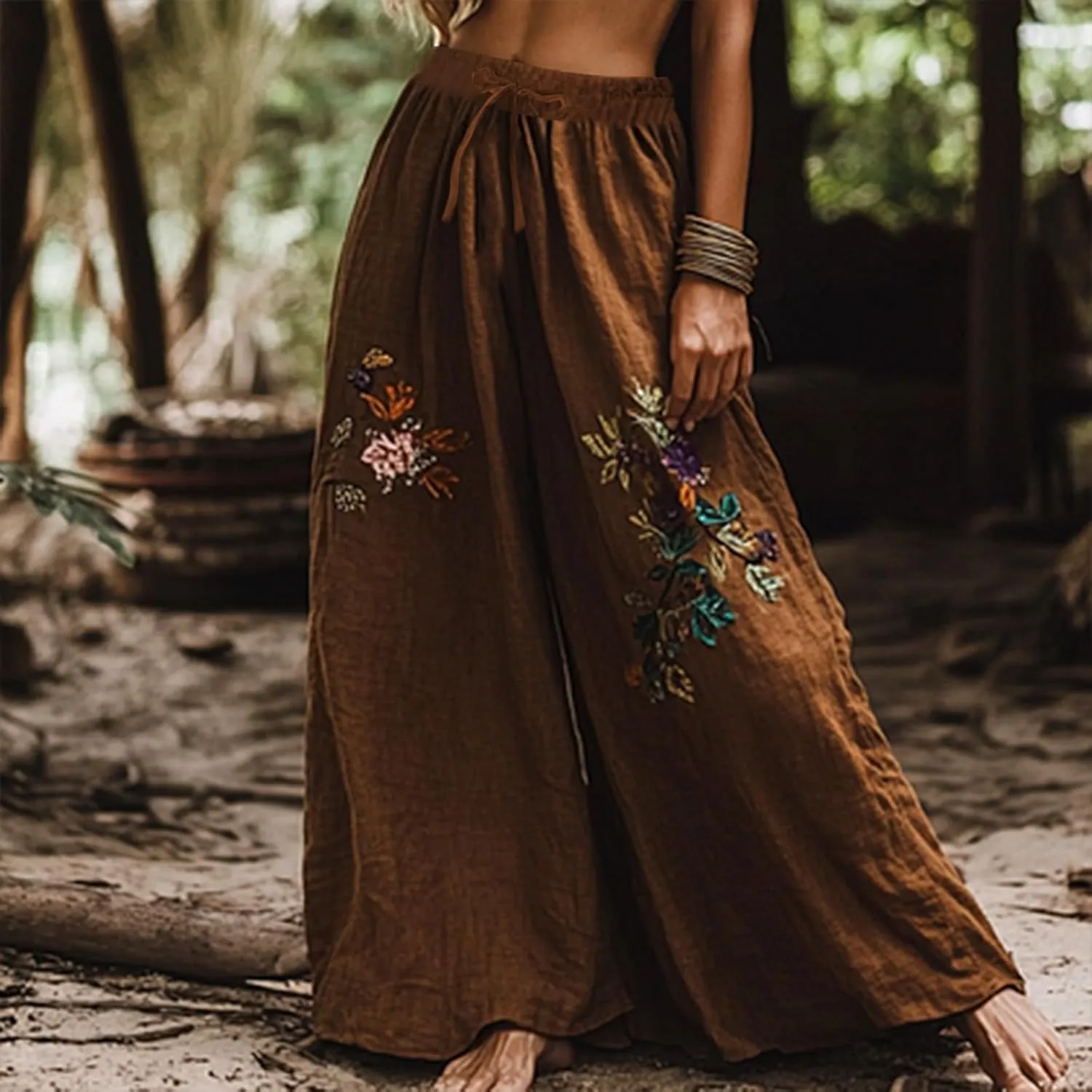Women Summer Boho Pants Casual Linen High Waist Wide Leg Palazzo Pants Vintage Floral Lounge Trousers with Pockets