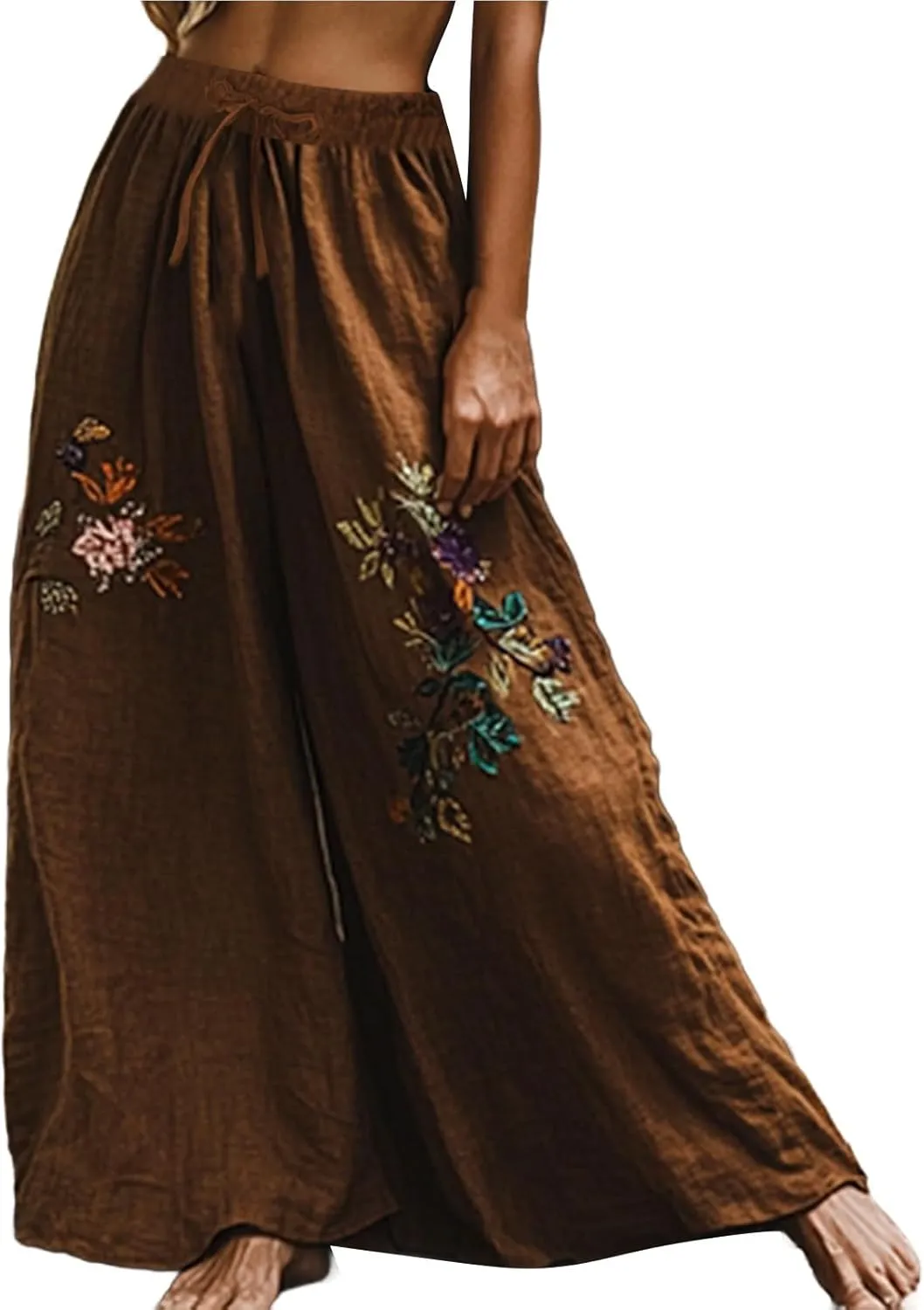 Women Summer Boho Pants Casual Linen High Waist Wide Leg Palazzo Pants Vintage Floral Lounge Trousers with Pockets