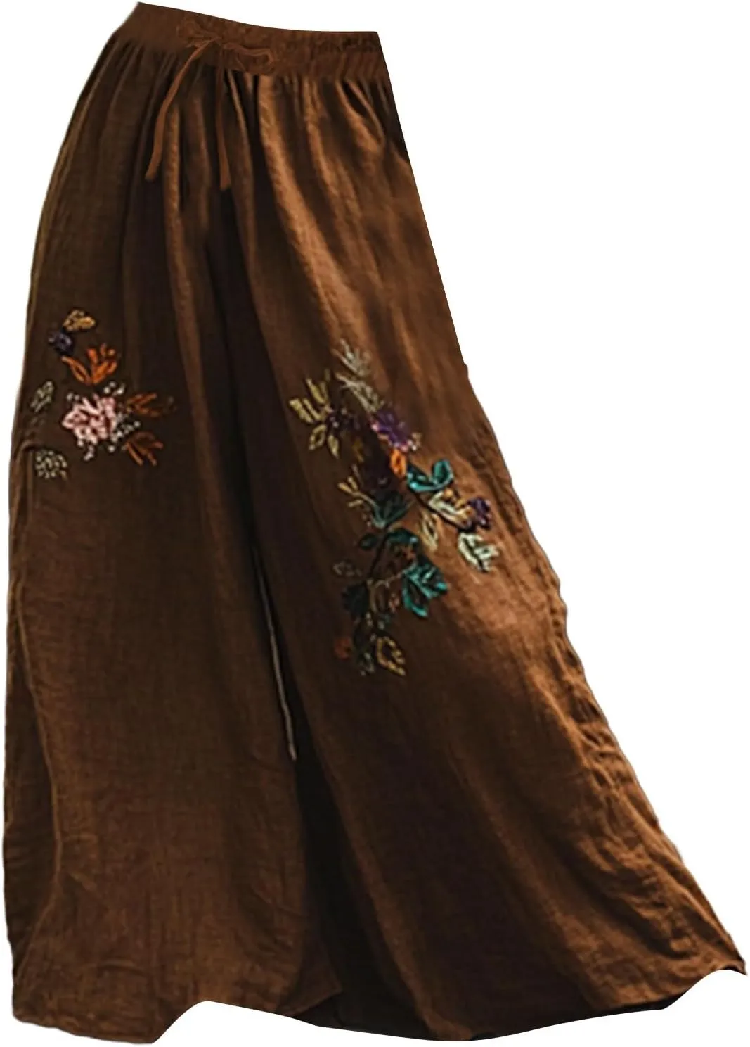 Women Summer Boho Pants Casual Linen High Waist Wide Leg Palazzo Pants Vintage Floral Lounge Trousers with Pockets