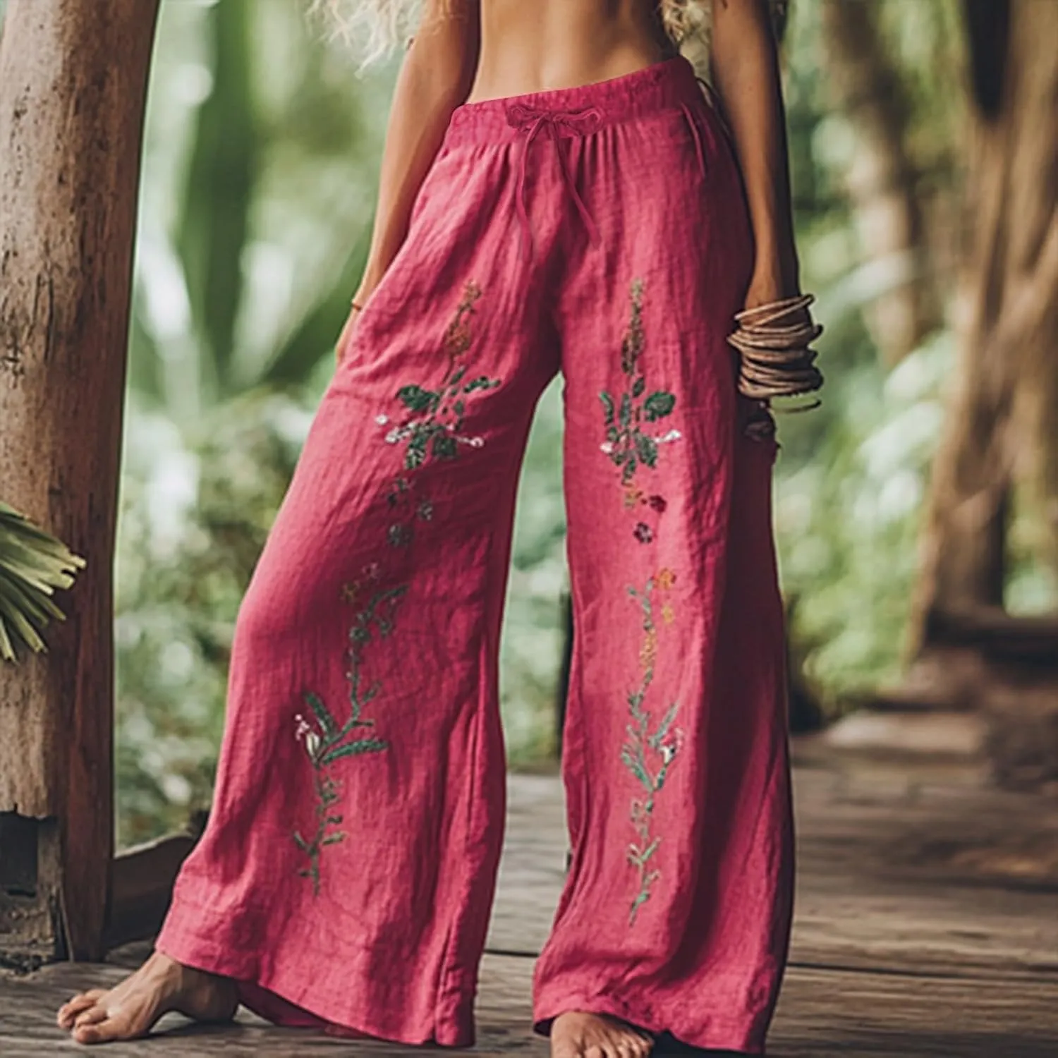 Women Summer Boho Pants Casual Linen High Waist Wide Leg Palazzo Pants Vintage Floral Lounge Trousers with Pockets