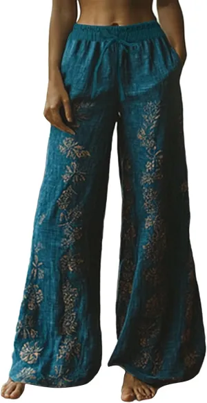 Women Summer Boho Pants Casual Linen High Waist Wide Leg Palazzo Pants Vintage Floral Lounge Trousers with Pockets