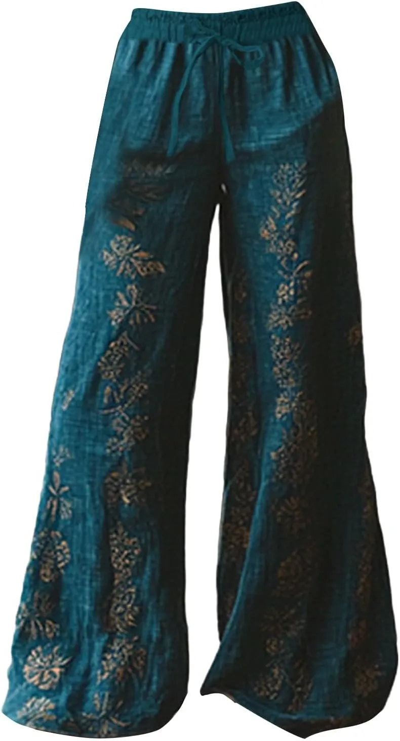 Women Summer Boho Pants Casual Linen High Waist Wide Leg Palazzo Pants Vintage Floral Lounge Trousers with Pockets
