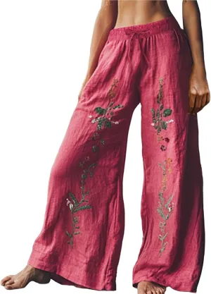 Women Summer Boho Pants Casual Linen High Waist Wide Leg Palazzo Pants Vintage Floral Lounge Trousers with Pockets