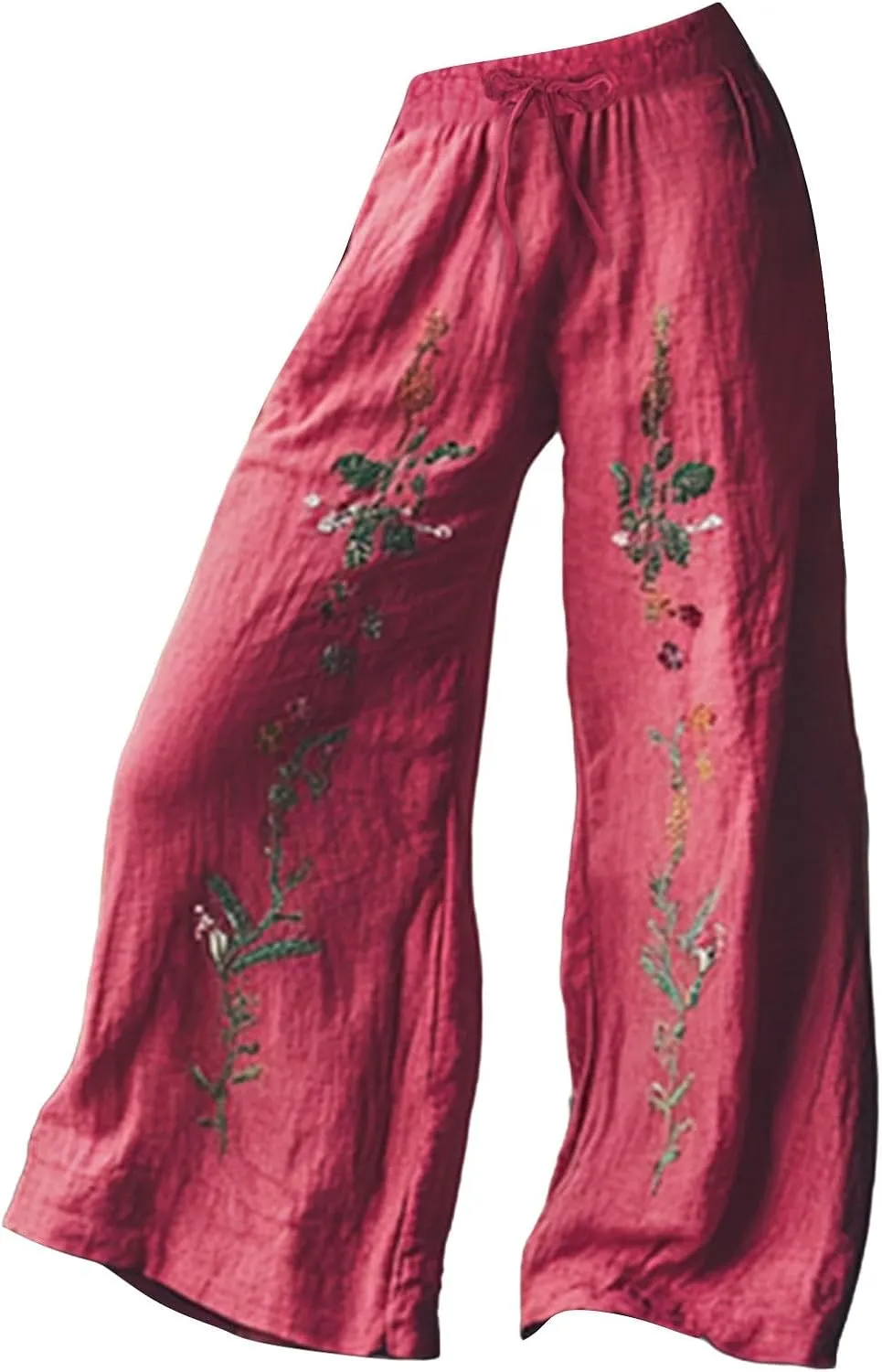Women Summer Boho Pants Casual Linen High Waist Wide Leg Palazzo Pants Vintage Floral Lounge Trousers with Pockets