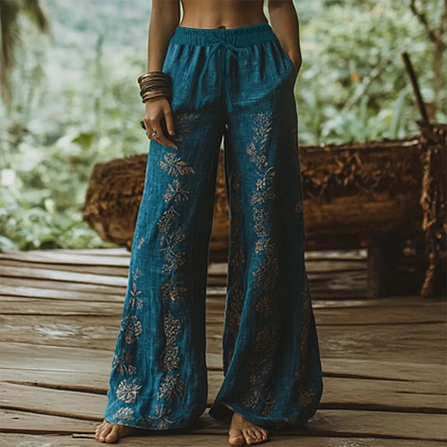 Women Summer Boho Pants Casual Linen High Waist Wide Leg Palazzo Pants Vintage Floral Lounge Trousers with Pockets